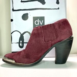 Suede Leather High Chunk Heel Ankle Boots Booties Burgundy Wine Maroon Red